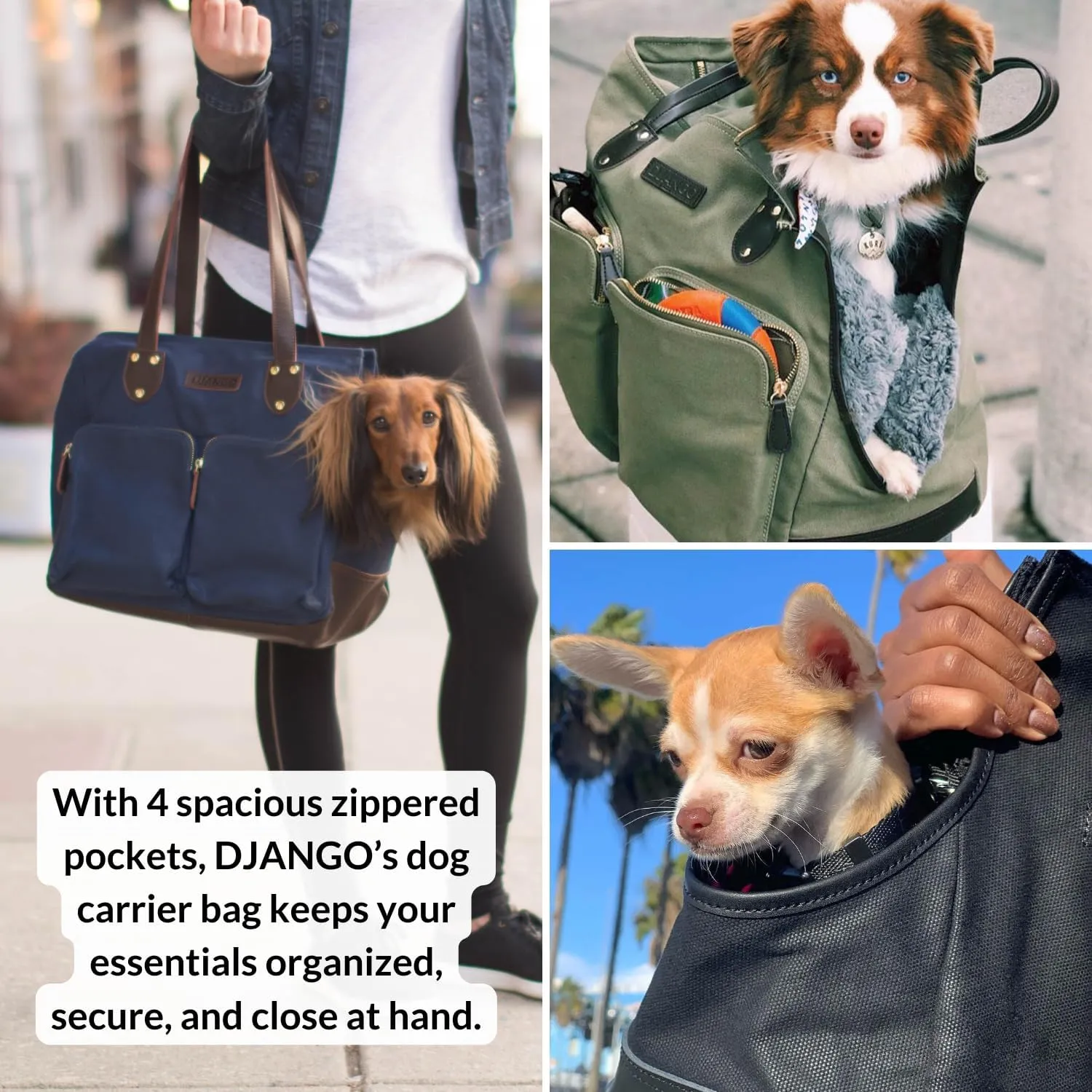 DJANGO Dog Carrier Bag Medium - Waxed Canvas and Leather Soft Dog Travel Carrier - Navy Blue Travel Tote Bag for Pets with Harness Safety Tether, Secure Zipper Pockets, and Water-Resistant Lining