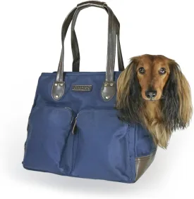 DJANGO Dog Carrier Bag Medium - Waxed Canvas and Leather Soft Dog Travel Carrier - Navy Blue Travel Tote Bag for Pets with Harness Safety Tether, Secure Zipper Pockets, and Water-Resistant Lining