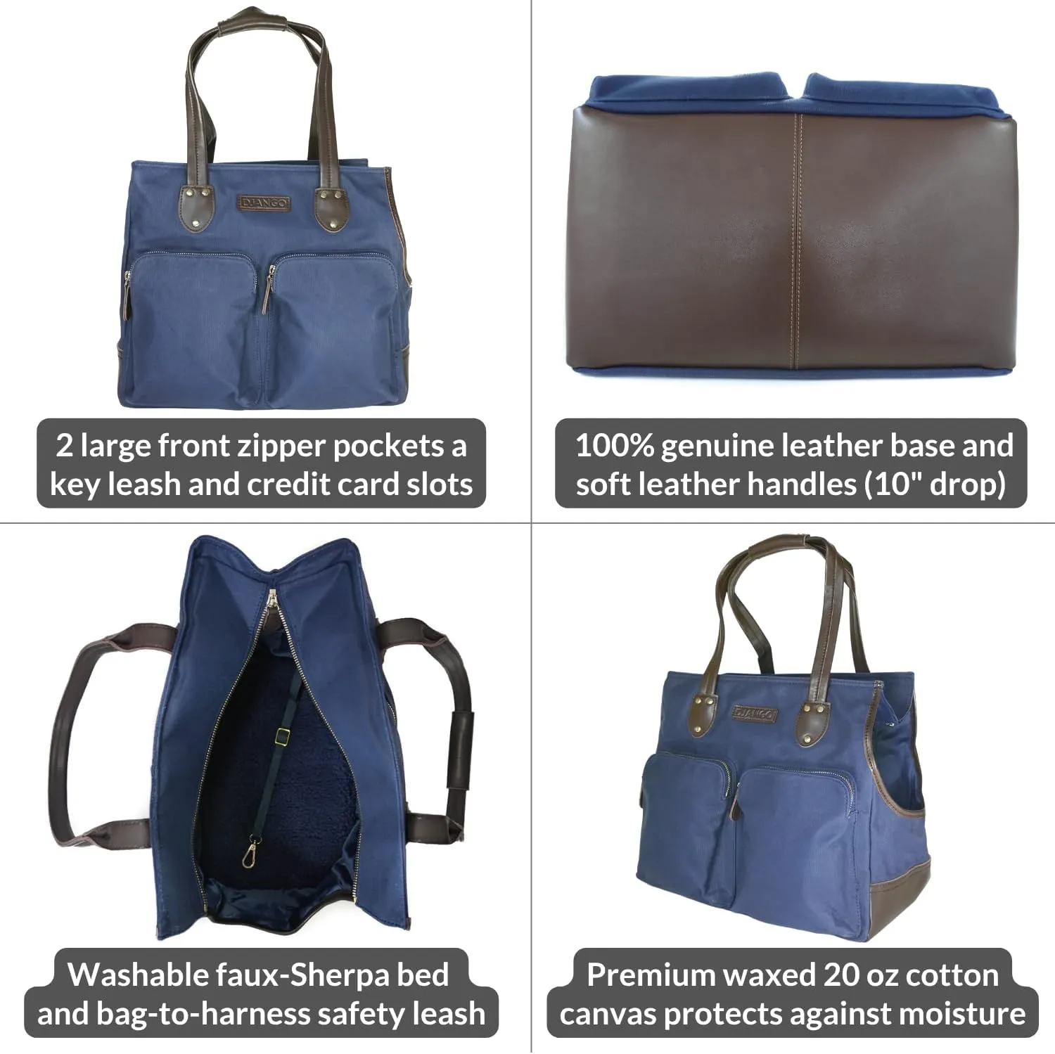 DJANGO Dog Carrier Bag Medium - Waxed Canvas and Leather Soft Dog Travel Carrier - Navy Blue Travel Tote Bag for Pets with Harness Safety Tether, Secure Zipper Pockets, and Water-Resistant Lining