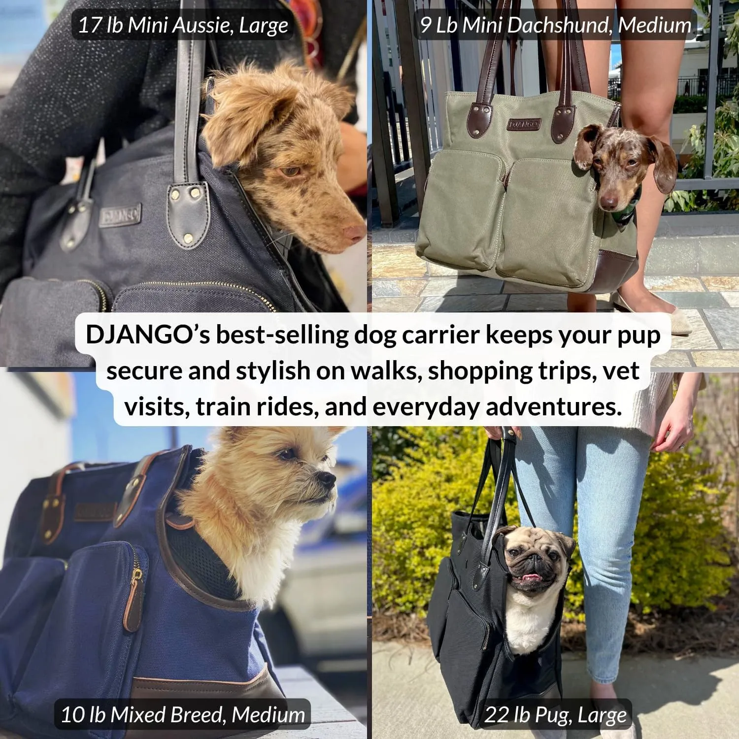DJANGO Dog Carrier Bag Medium - Waxed Canvas and Leather Soft Dog Travel Carrier - Navy Blue Travel Tote Bag for Pets with Harness Safety Tether, Secure Zipper Pockets, and Water-Resistant Lining