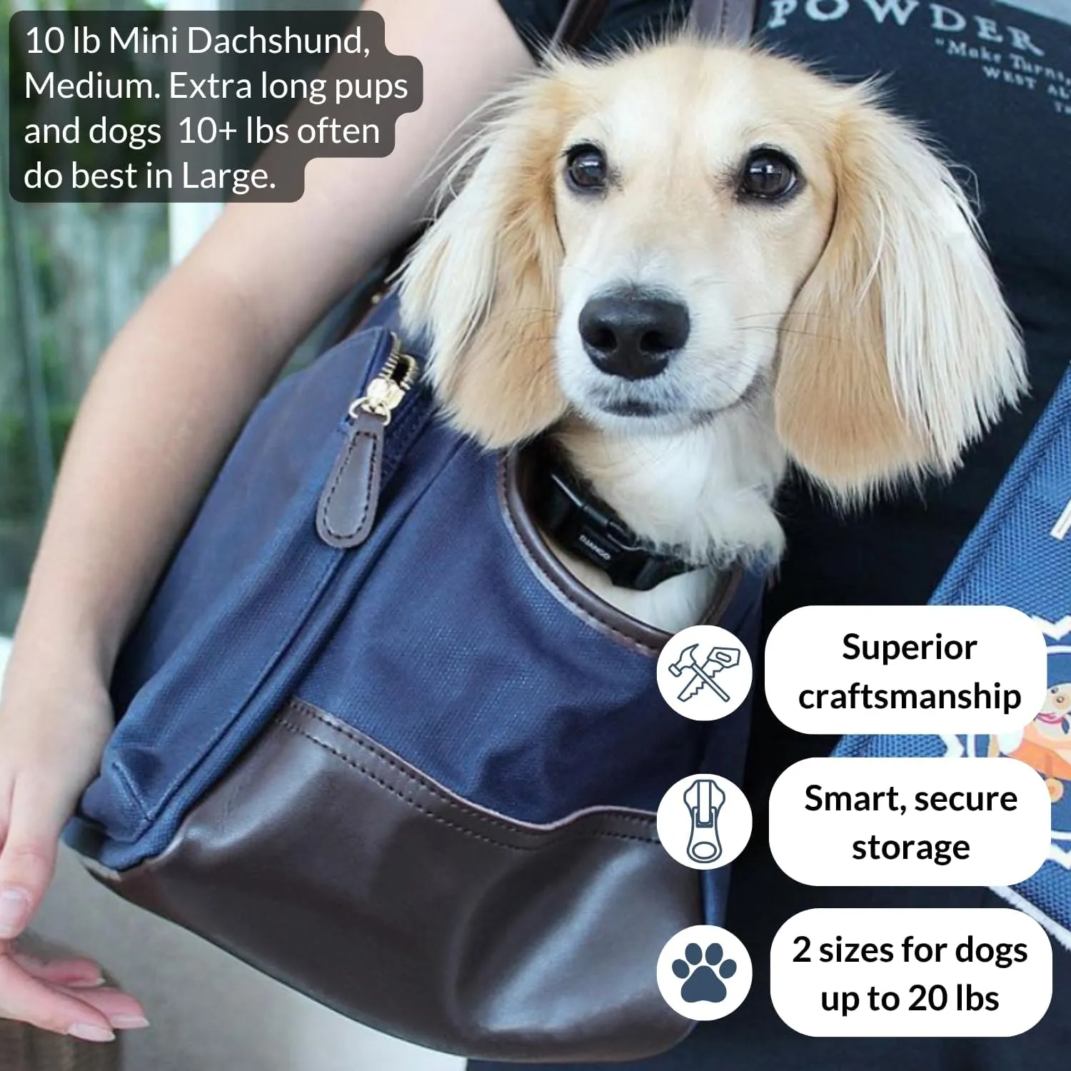 DJANGO Dog Carrier Bag Medium - Waxed Canvas and Leather Soft Dog Travel Carrier - Navy Blue Travel Tote Bag for Pets with Harness Safety Tether, Secure Zipper Pockets, and Water-Resistant Lining