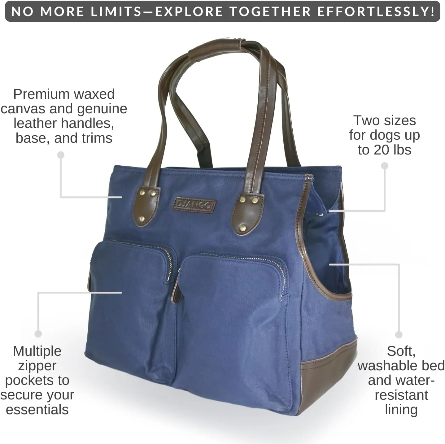 DJANGO Dog Carrier Bag Medium - Waxed Canvas and Leather Soft Dog Travel Carrier - Navy Blue Travel Tote Bag for Pets with Harness Safety Tether, Secure Zipper Pockets, and Water-Resistant Lining