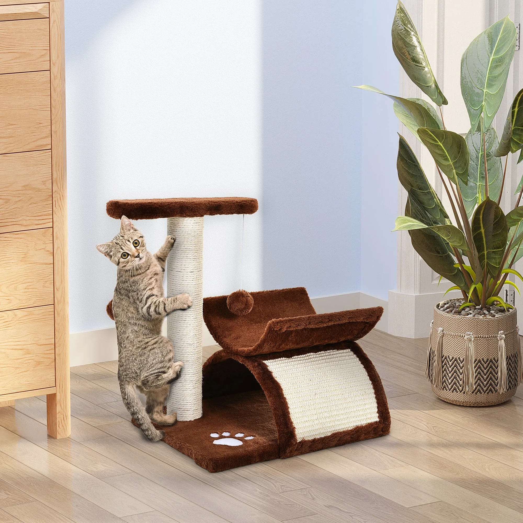 Elevated Cat Bed with Scratching Post, 43H-cm - Brown