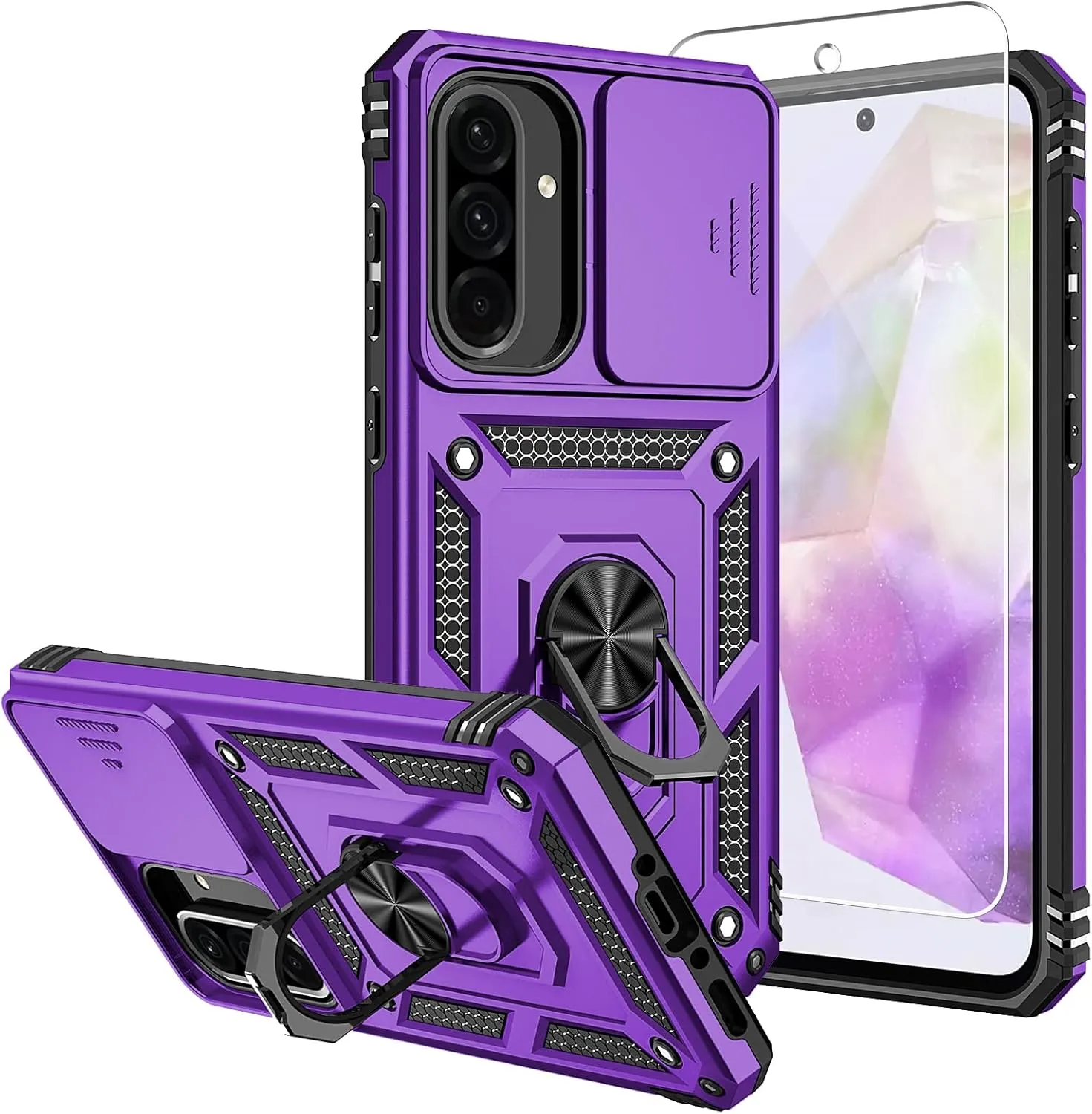 for Galaxy A36 5G Phone Case,Galaxy A36 5G Case,with Screen Protectors and Camera Cover,[Military Grade] 16ft.Drop Tested Cover with Magnetic Kickstand Protective Case for Samsung A36 5G, Purple
