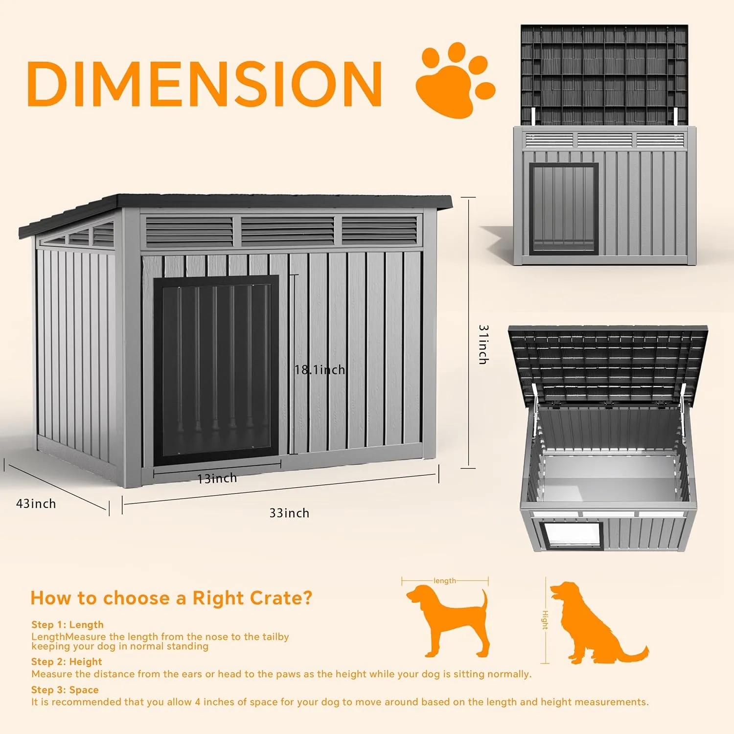 Indoor Outdoor Dog House Dog Kennel for Winter with Weatherproof Roof,Removable Floors,Raised Feet for Medium to Large Dogs,Gray (42.87 * 32.95 * 31.61 INCH)