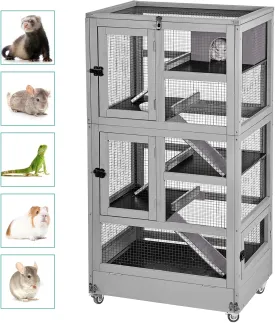 Large Guinea Pig Cage,5 Levels Wooden Ferret Cage with Wheels,Chinchilla Cage Upgrade Metal Frame Rat Cage for Indoor Outdoor (5 Level)