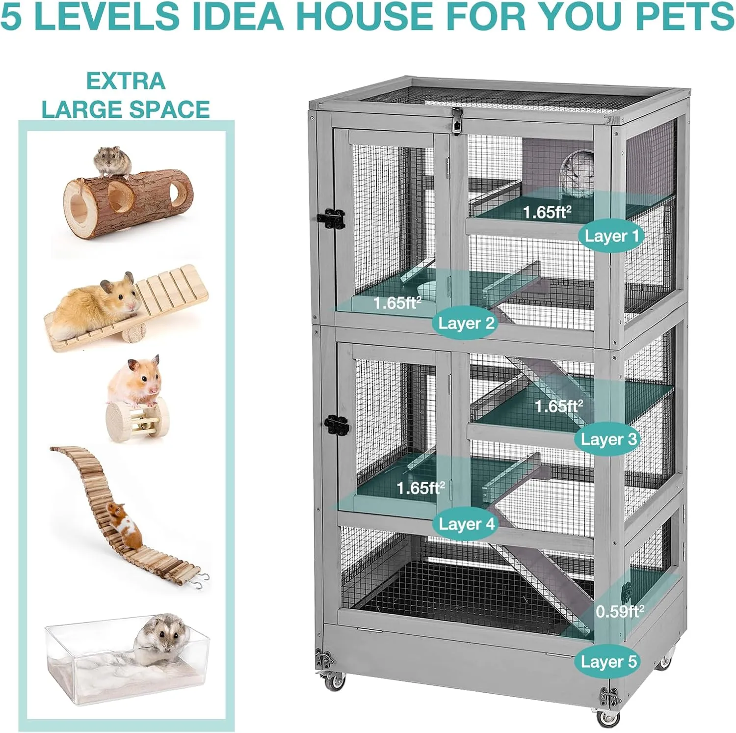 Large Guinea Pig Cage,5 Levels Wooden Ferret Cage with Wheels,Chinchilla Cage Upgrade Metal Frame Rat Cage for Indoor Outdoor (5 Level)