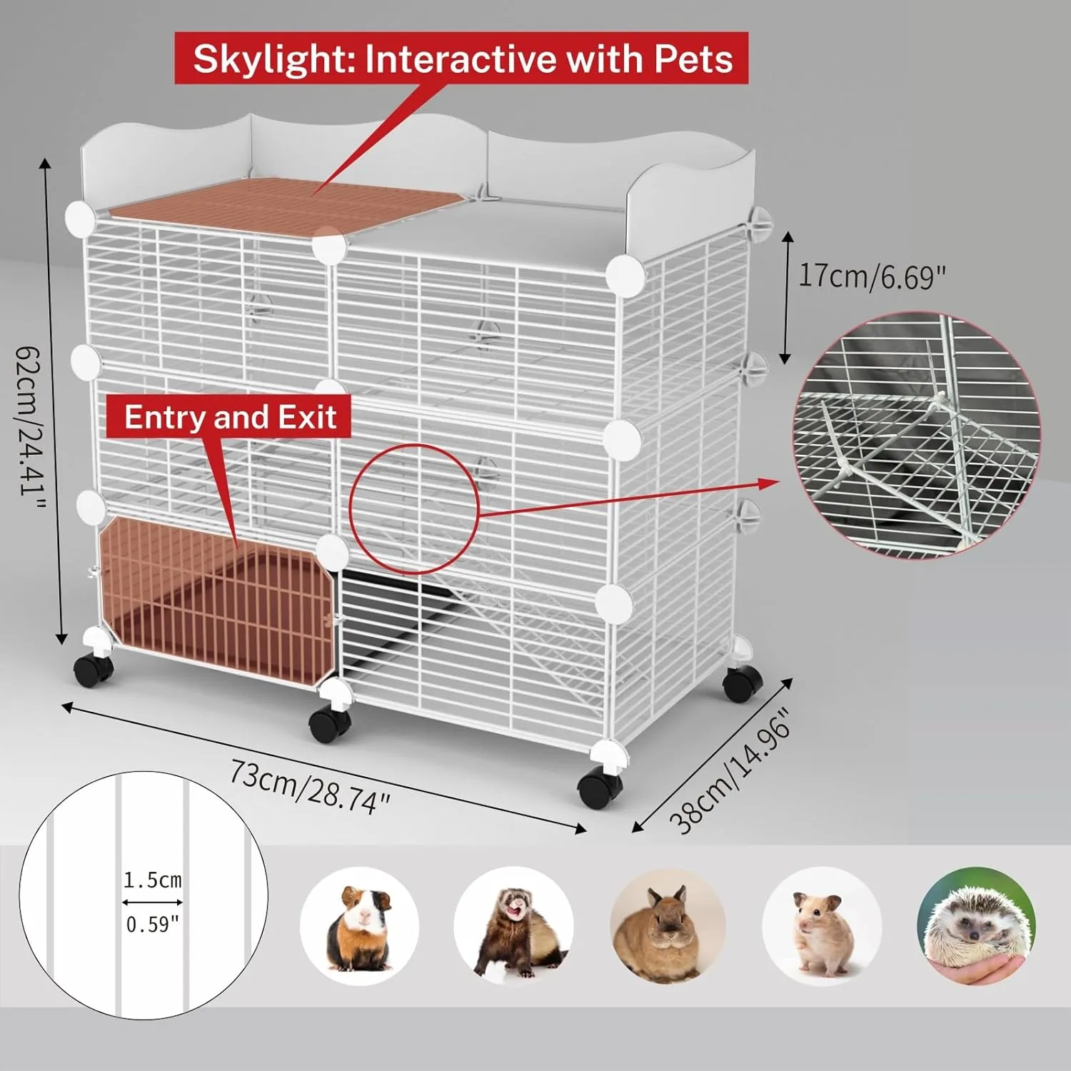 Large Guinea Pig Cages Indoor on Wheels, 3 Tier C&C Ferret Cage Small Animal Hideout House with Top & Removable Tray, Pet Playpen Fence for 1-3 Hamster, Rat, Chinchilla, Hedgehog