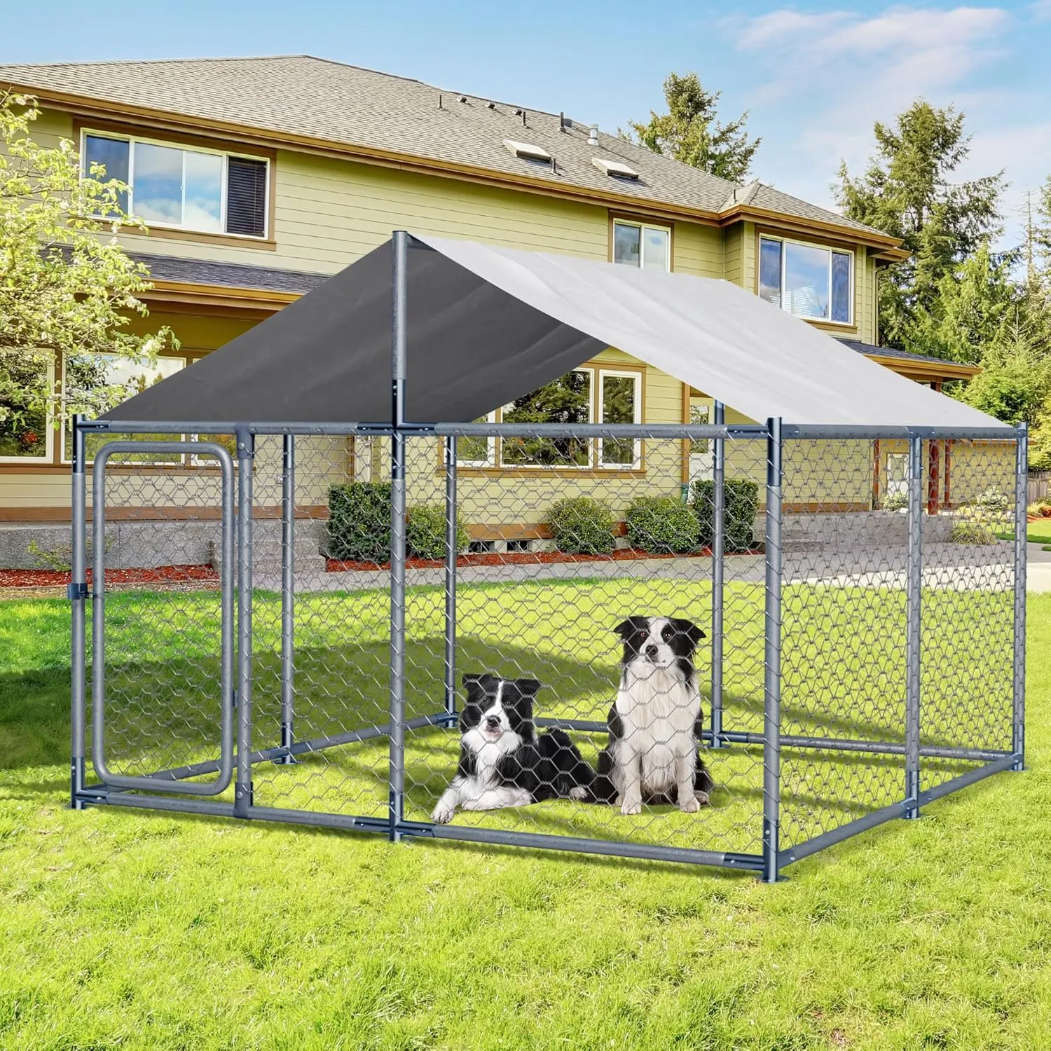 Large Metal Dogs Kennels Outdoor,Waterproof Anti-Ultraviolet roof Cover Galvanized Steel Cage Fence Playpen with Lockable Door,Outside Backyard Farm Gardens (90''x90''x63'')