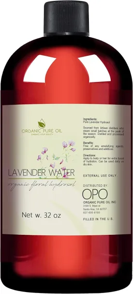 Lavender Water Hydrosol - Pure Steam Distilled Natural Non GMO Calming Bulk Body, Face, Facial Toner, Aromatherapy, Set Makeup, Cleanser Mist Spritz - 32oz - OPO