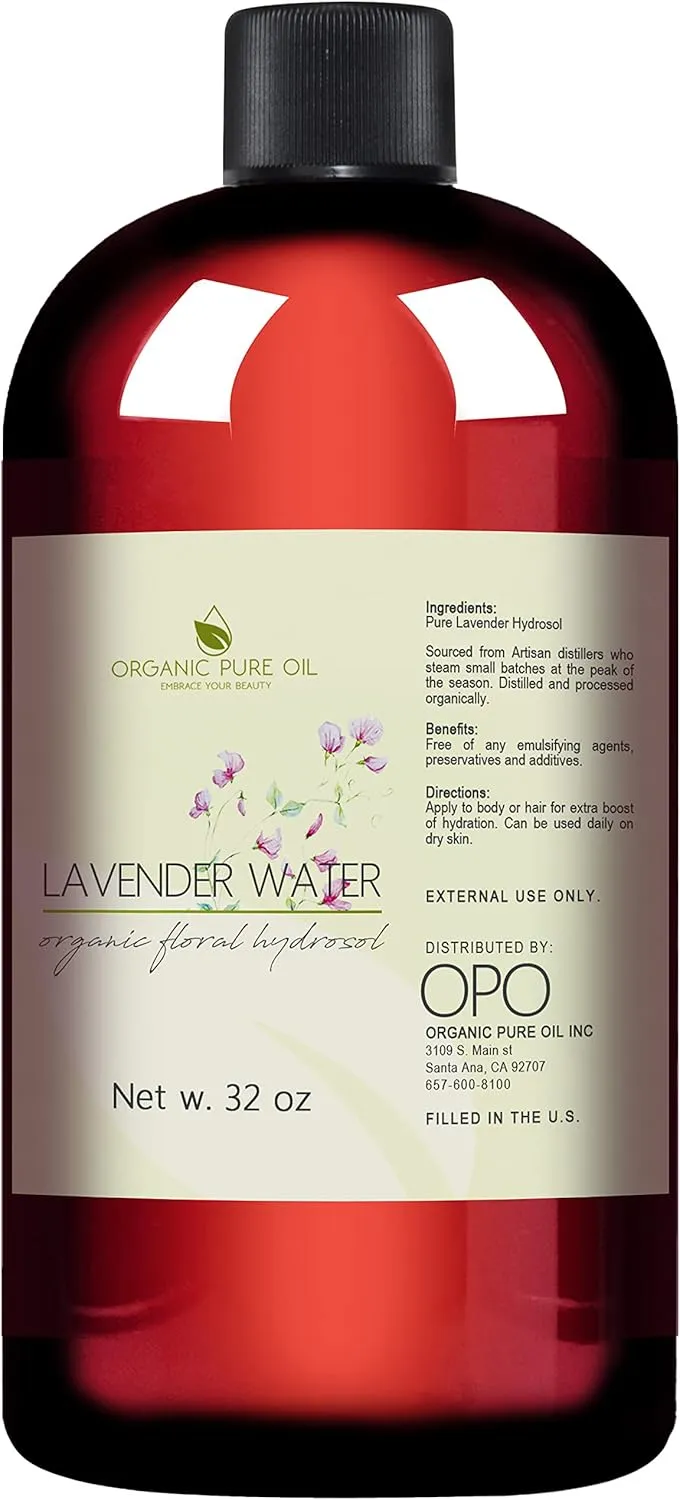 Lavender Water Hydrosol - Pure Steam Distilled Natural Non GMO Calming Bulk Body, Face, Facial Toner, Aromatherapy, Set Makeup, Cleanser Mist Spritz - 32oz - OPO