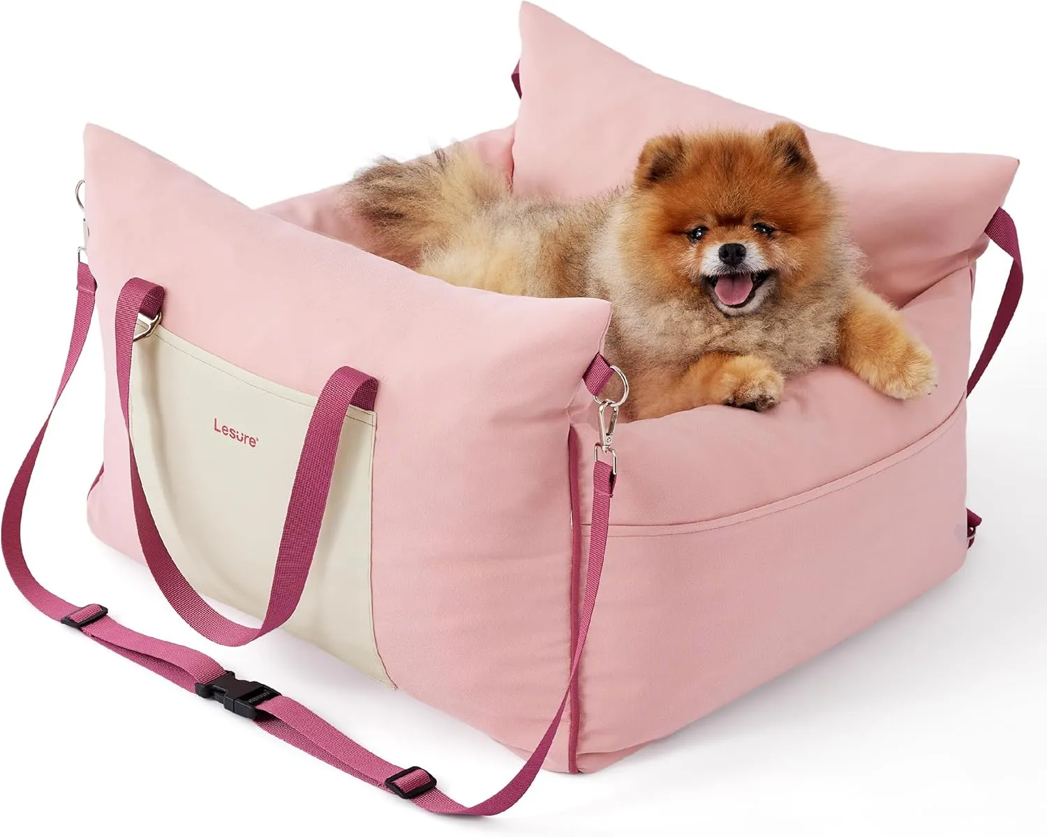 Lesure Small Dog Car Seat for Small Dogs - Waterproof Dog Booster Seat for Car with Storage Pockets and Clip-On Safety Leash and Thickened Memory Foam Filling, Pet Travel Carrier Bed Strawberry Cream