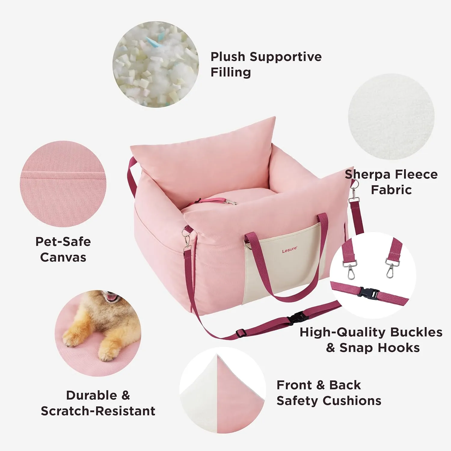 Lesure Small Dog Car Seat for Small Dogs - Waterproof Dog Booster Seat for Car with Storage Pockets and Clip-On Safety Leash and Thickened Memory Foam Filling, Pet Travel Carrier Bed Strawberry Cream