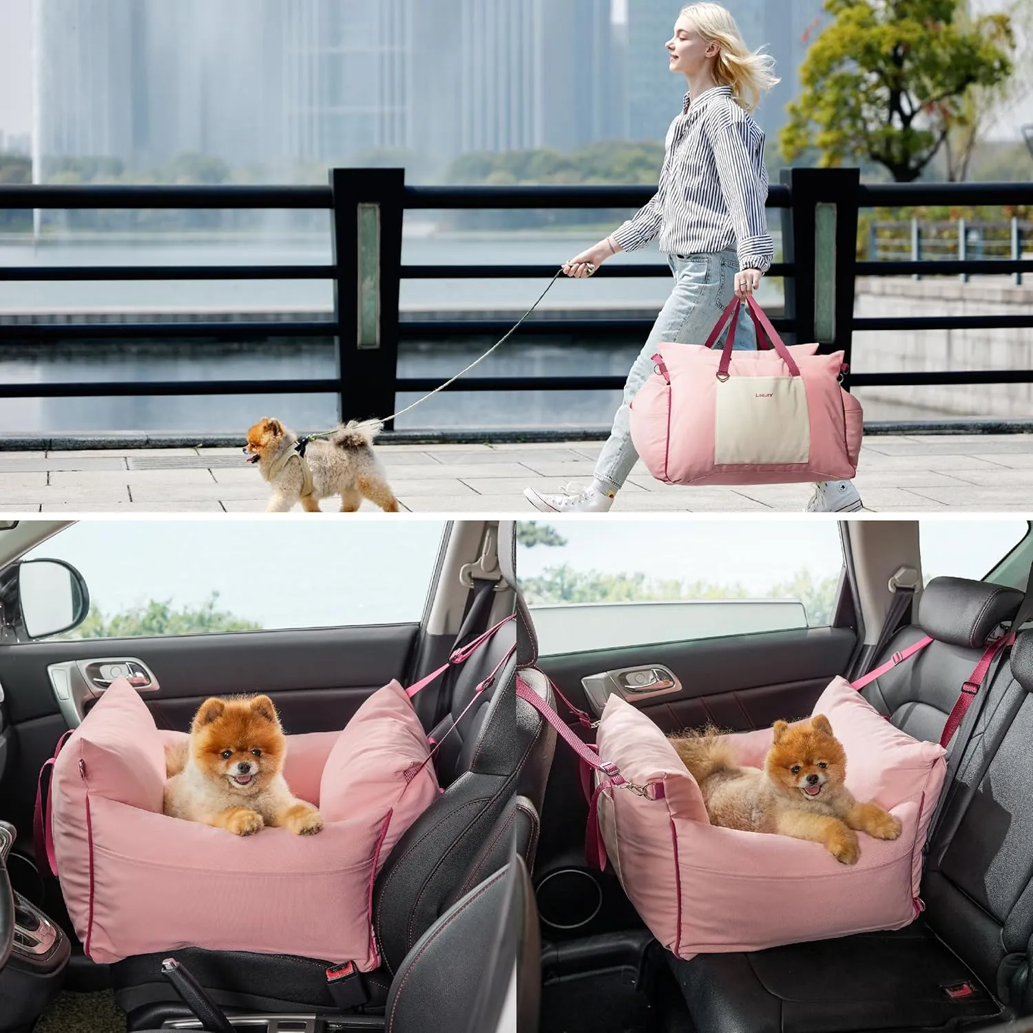Lesure Small Dog Car Seat for Small Dogs - Waterproof Dog Booster Seat for Car with Storage Pockets and Clip-On Safety Leash and Thickened Memory Foam Filling, Pet Travel Carrier Bed Strawberry Cream