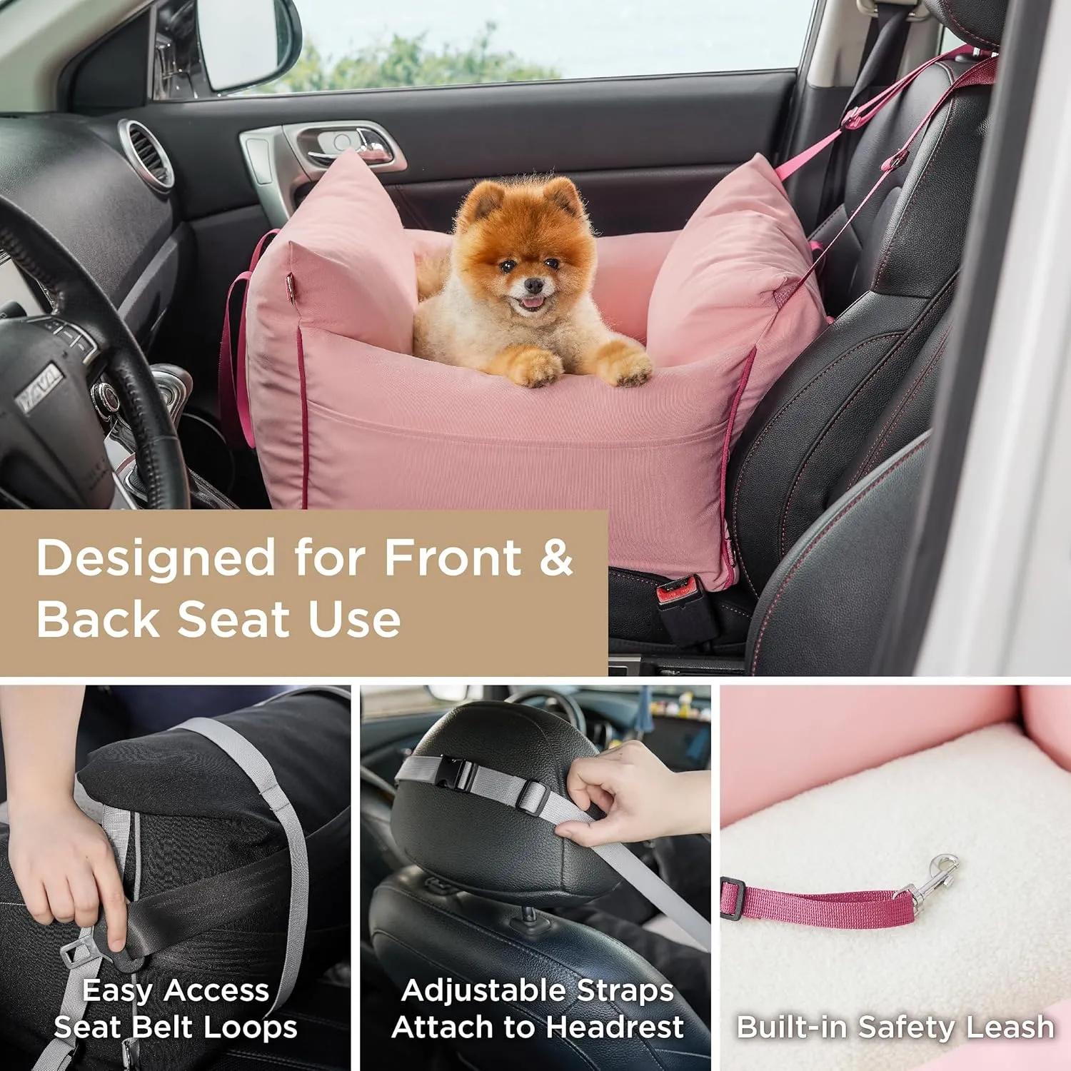 Lesure Small Dog Car Seat for Small Dogs - Waterproof Dog Booster Seat for Car with Storage Pockets and Clip-On Safety Leash and Thickened Memory Foam Filling, Pet Travel Carrier Bed Strawberry Cream