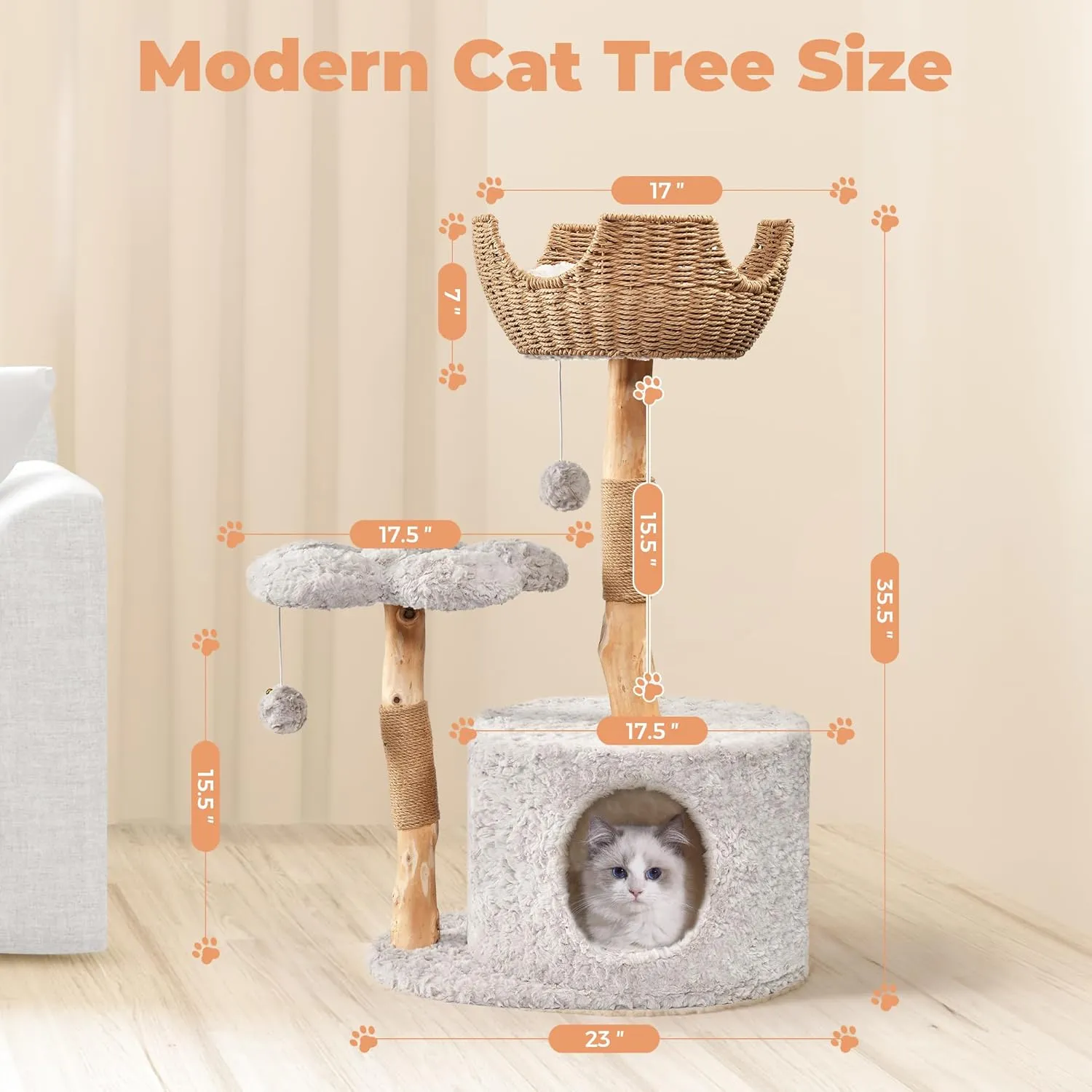 Modern Cat Tree, Aesthetic Wood Cat Tree Tower for Large Cats, Luxury Cat Condo with Scratching Posts and Flower Platforms, Cat Furniture by Easyego, (Rabbit Hair - Bullet Gray)
