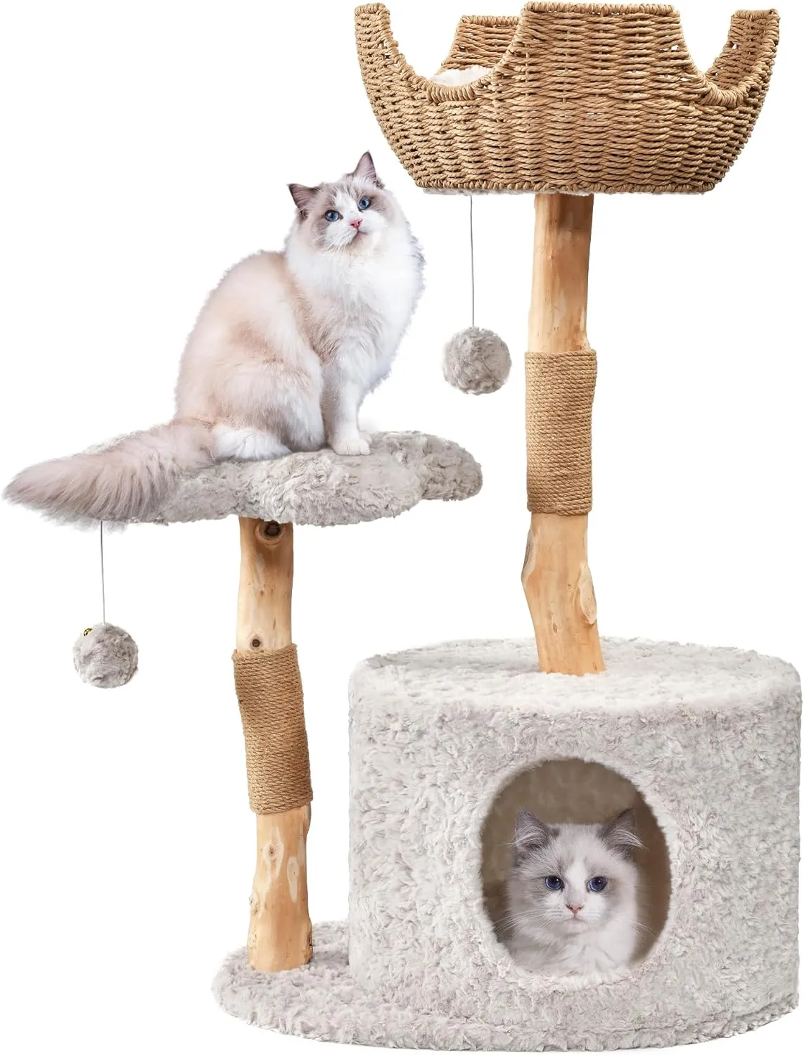 Modern Cat Tree, Aesthetic Wood Cat Tree Tower for Large Cats, Luxury Cat Condo with Scratching Posts and Flower Platforms, Cat Furniture by Easyego, (Rabbit Hair - Bullet Gray)