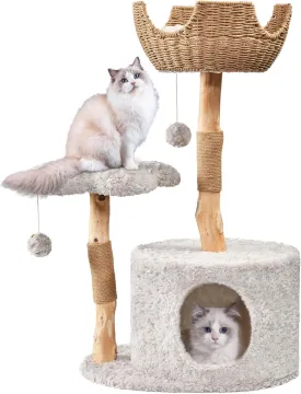 Modern Cat Tree, Aesthetic Wood Cat Tree Tower for Large Cats, Luxury Cat Condo with Scratching Posts and Flower Platforms, Cat Furniture by Easyego, (Rabbit Hair - Bullet Gray)