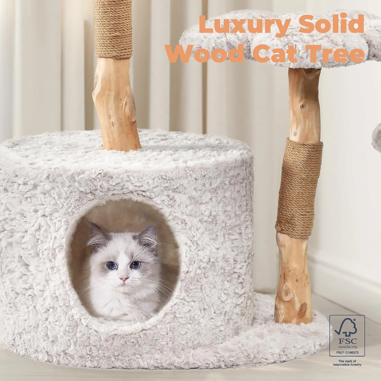 Modern Cat Tree, Aesthetic Wood Cat Tree Tower for Large Cats, Luxury Cat Condo with Scratching Posts and Flower Platforms, Cat Furniture by Easyego, (Rabbit Hair - Bullet Gray)