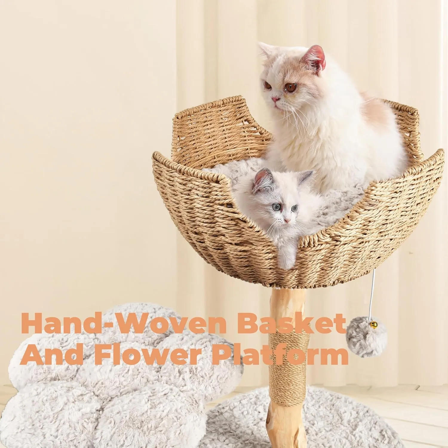 Modern Cat Tree, Aesthetic Wood Cat Tree Tower for Large Cats, Luxury Cat Condo with Scratching Posts and Flower Platforms, Cat Furniture by Easyego, (Rabbit Hair - Bullet Gray)