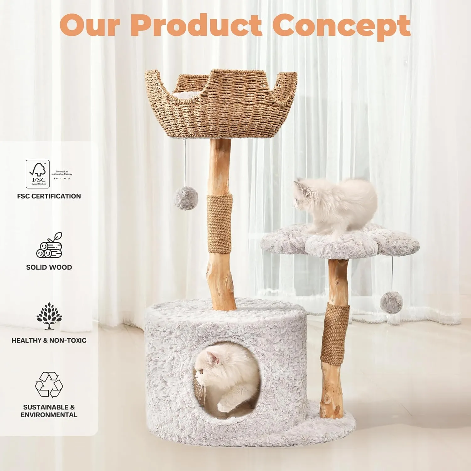 Modern Cat Tree, Aesthetic Wood Cat Tree Tower for Large Cats, Luxury Cat Condo with Scratching Posts and Flower Platforms, Cat Furniture by Easyego, (Rabbit Hair - Bullet Gray)