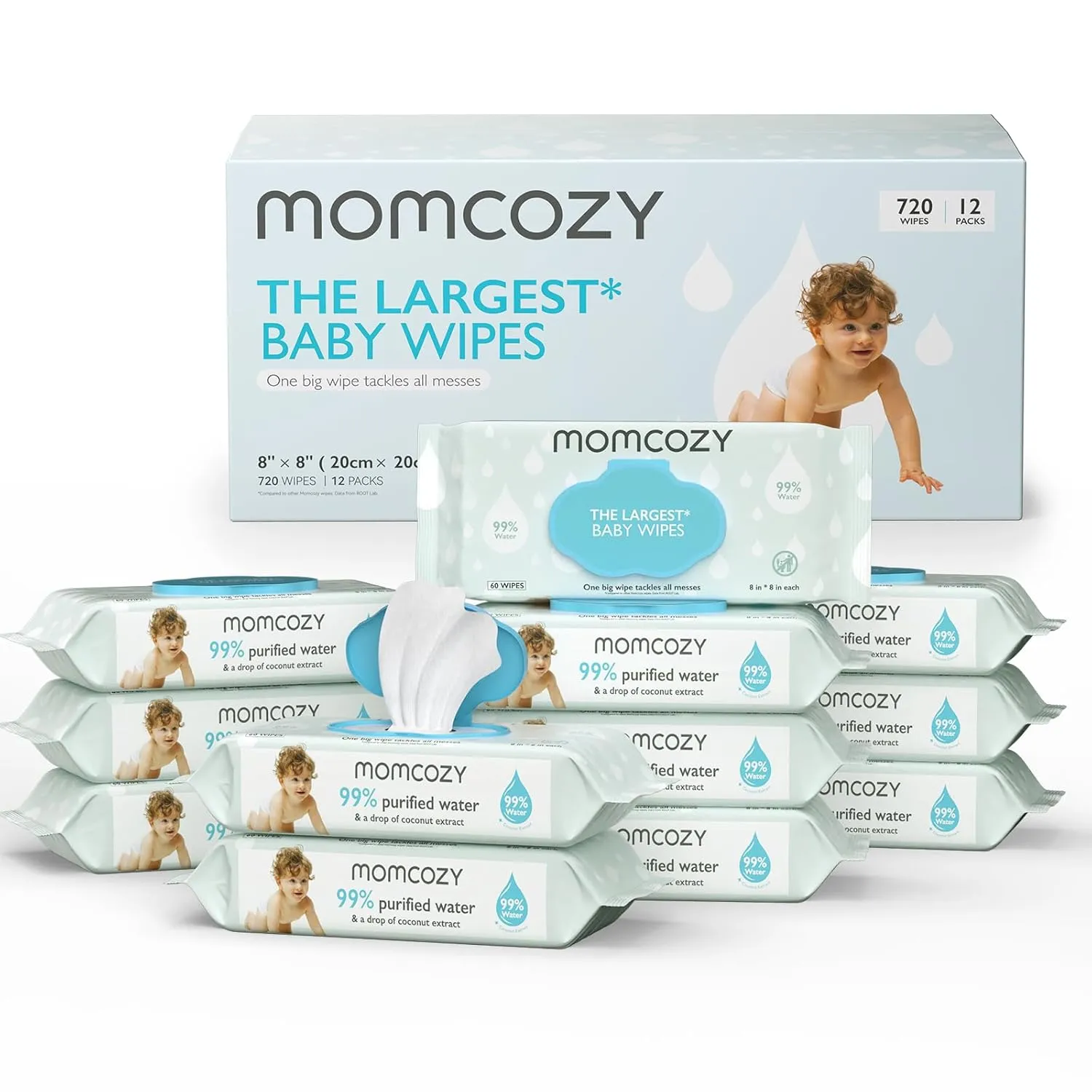 Momcozy Water Baby Wipes-Extra Large Size Design, 99% Water Based Wipes, Unscented & Hypoallergenic, Cleansing & Moisturizing Baby Wipes for Sensitive Skin, 12 Flip-Top Packs (720 Wipes Total)