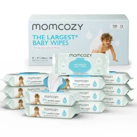 Momcozy Water Baby Wipes-Extra Large Size Design, 99% Water Based Wipes, Unscented & Hypoallergenic, Cleansing & Moisturizing Baby Wipes for Sensitive Skin, 12 Flip-Top Packs (720 Wipes Total)