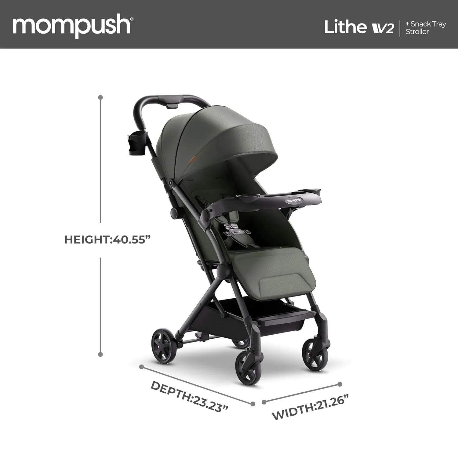 Mompush Lithe V2 Lightweight Stroller with Snack Tray, Ultra-Compact Fold & Airplane Ready Travel Stroller, Near Flat Recline Seat, Cup Holder, Raincover & Travelbag Included