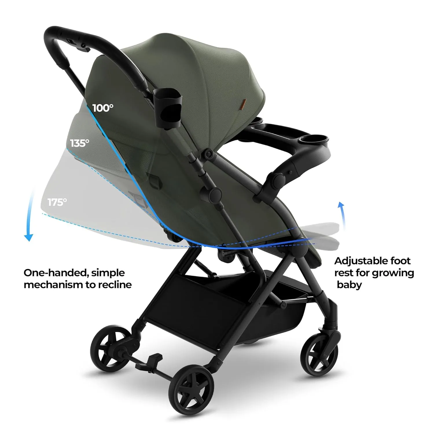 Mompush Lithe V2 Lightweight Stroller with Snack Tray, Ultra-Compact Fold & Airplane Ready Travel Stroller, Near Flat Recline Seat, Cup Holder, Raincover & Travelbag Included