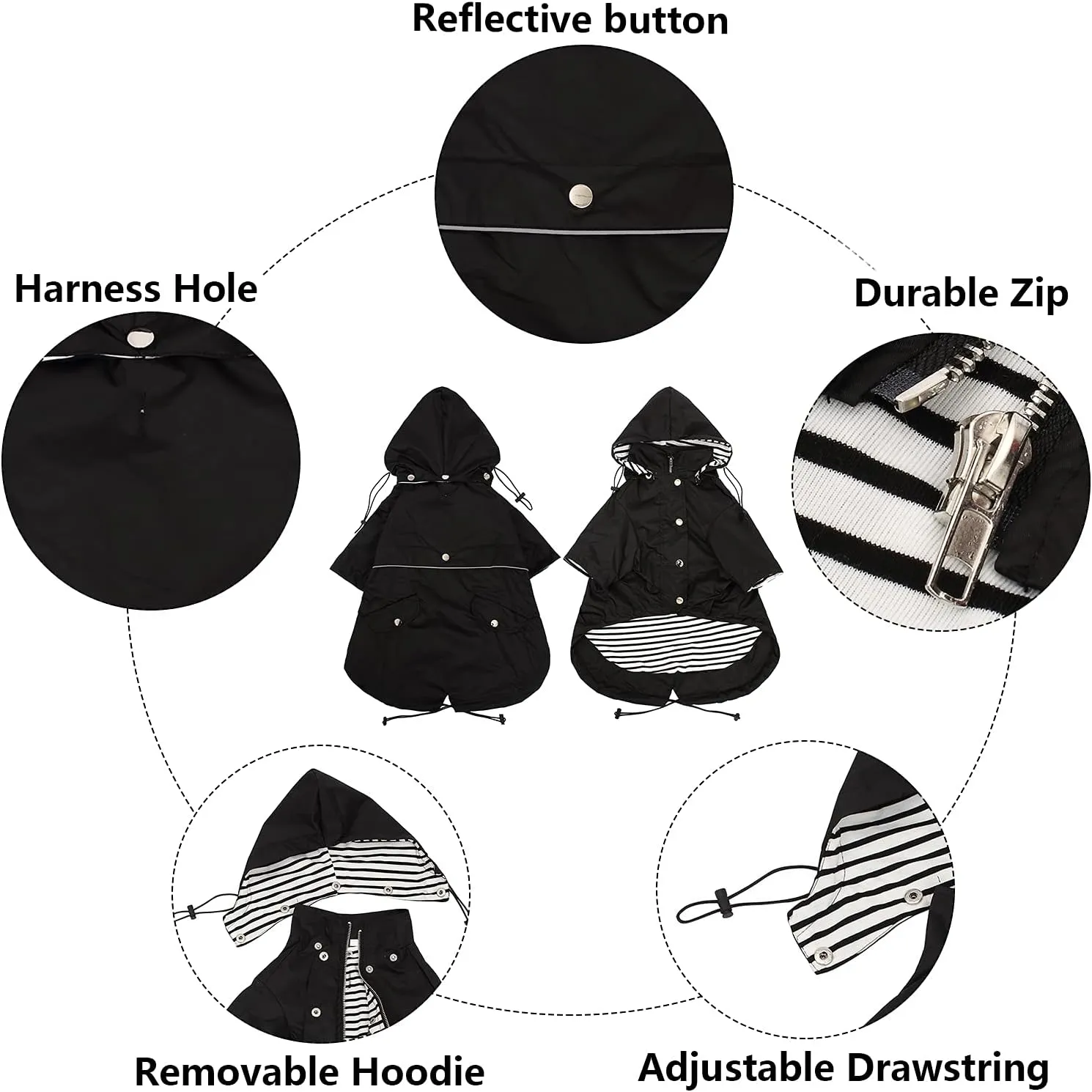 Morezi Dog Zip Up Raincoat with Reflective Buttons, Rain/Water Resistant, Adjustable Drawstring, Removable Hood, Raincoats with Legs 8lbs to 80lbs Available - Black - XL