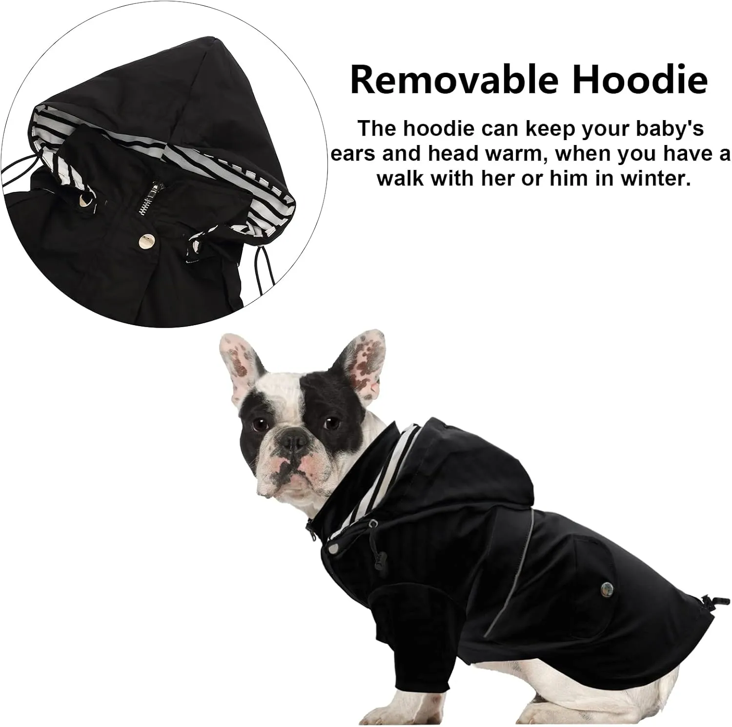 Morezi Dog Zip Up Raincoat with Reflective Buttons, Rain/Water Resistant, Adjustable Drawstring, Removable Hood, Raincoats with Legs 8lbs to 80lbs Available - Black - XL