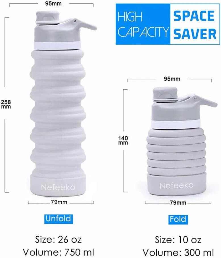 Nefeeko Collapsible Water Bottle, 26oz Silicone Foldable Water Bottles Leakproof BPA Free Travel Water Bottles with Carabiner, Portable Sport Water Bottles for Camping,Hiking Outdoor Indoor Sport