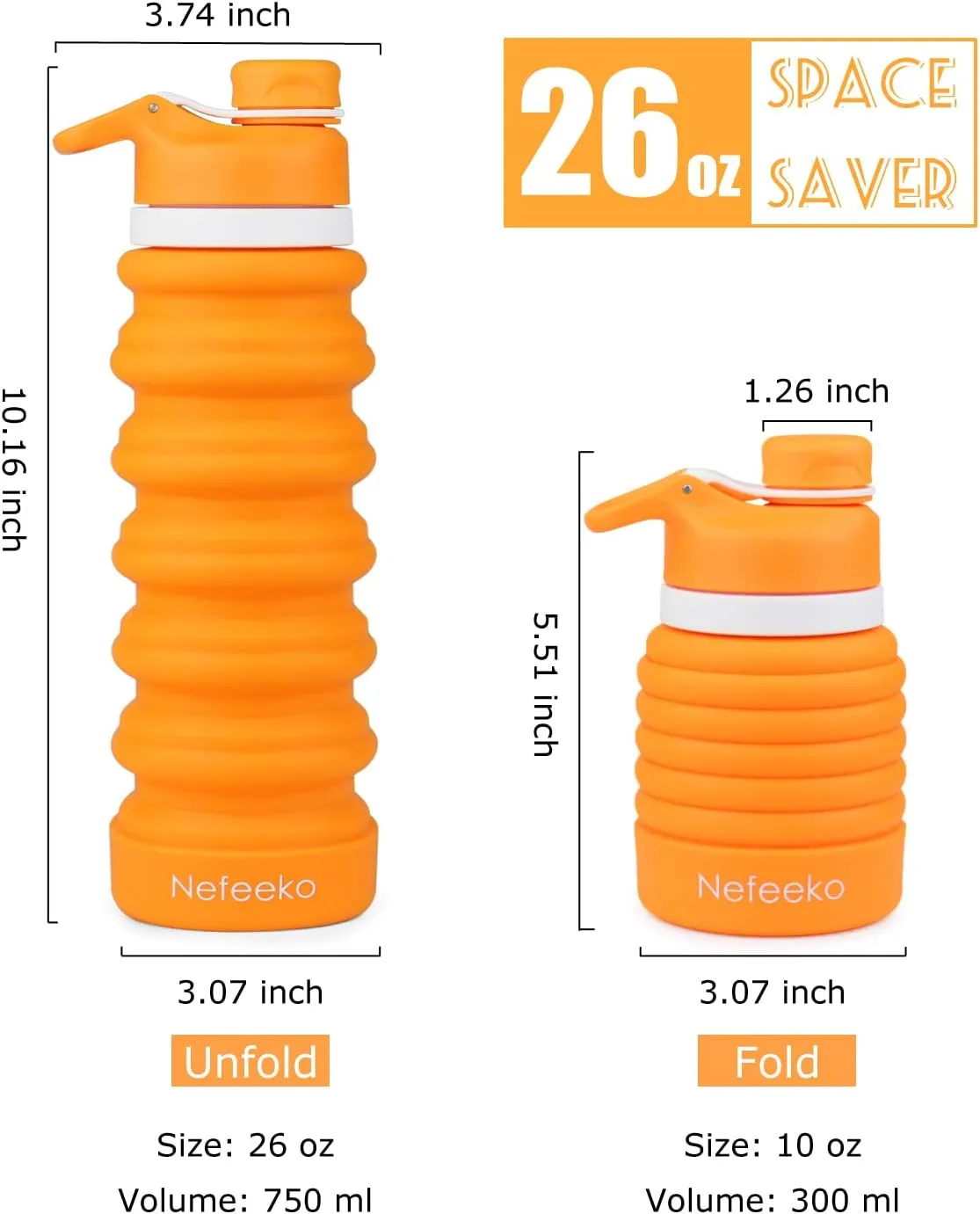 Nefeeko Collapsible Water Bottle, 26oz Silicone Foldable Water Bottles Leakproof BPA Free Travel Water Bottles with Carabiner, Portable Sport Water Bottles for Camping,Hiking Outdoor Indoor Sport