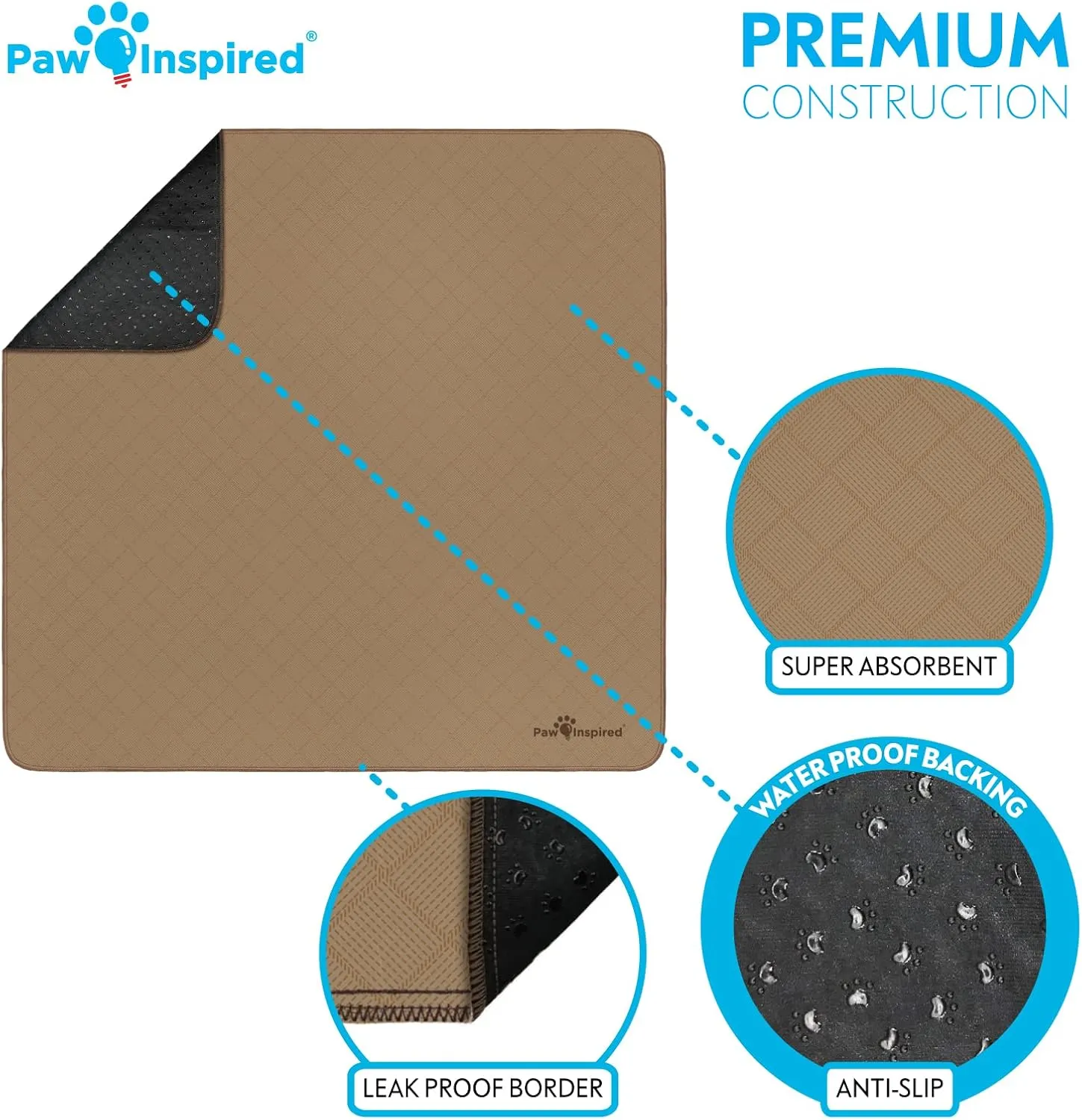 Paw Inspired Washable Pee Pads for Dogs (2 Pack) | Leakproof, Non-Slip Reusable Puppy Pads for Potty Training, Whelping, Waterproof Mat (41x41 Size, Pack of 2)
