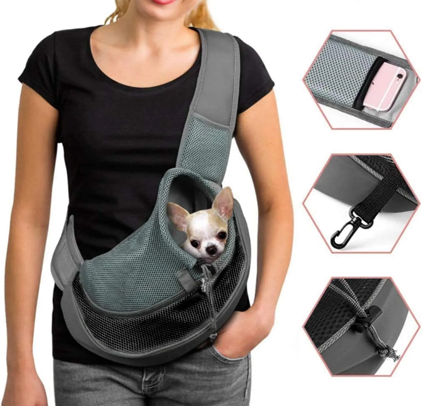 Pet Sling Carrier for Small Dogs Puppy Mesh Shoulder Bag Cat Dog Outdoor Holder Bag with Adjustable Padded Strap Hand Free Doggie Carrier Tote for Hiking Walking Travel Summer Satchel Under 12 Pounds