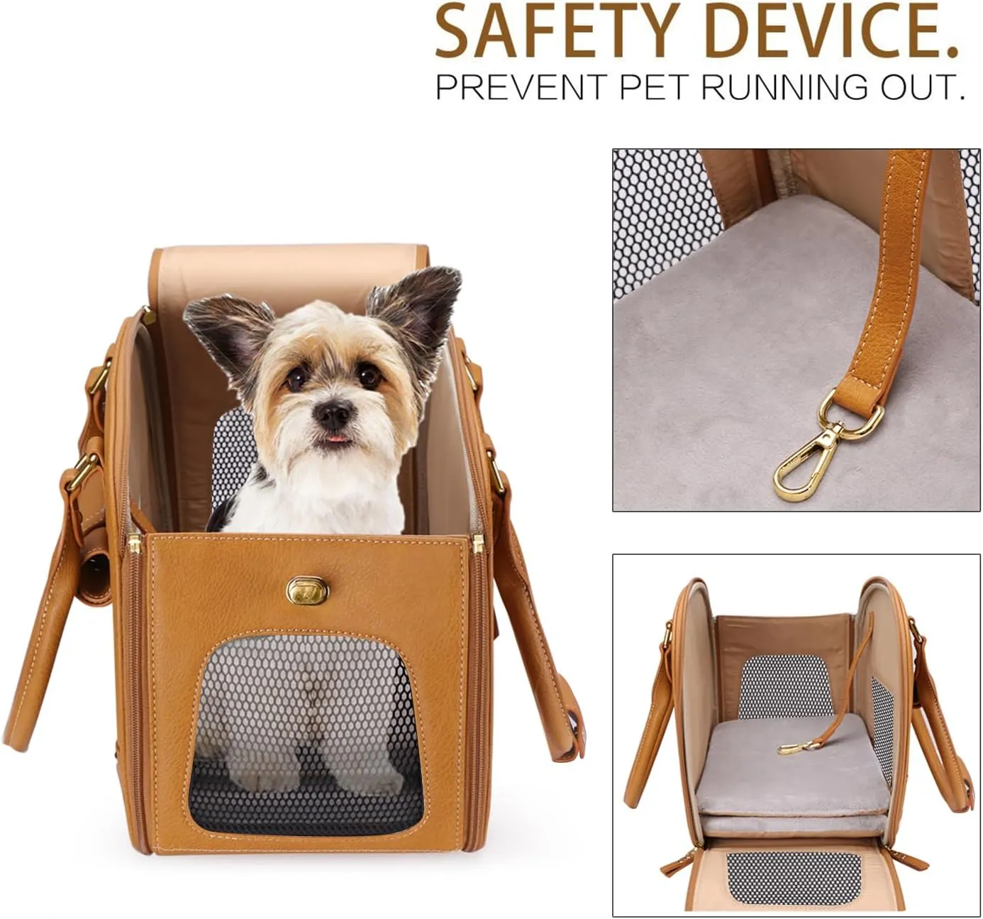 PetsHome Premium Leather Pet Carrier Purse for Cat and Small Dog - Waterproof Travel Portable Bag for Home & Outdoor Use - Small Brown