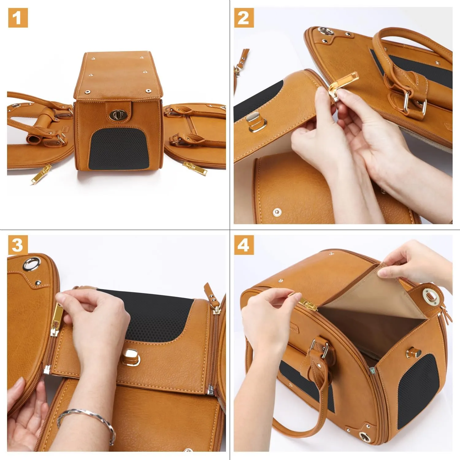 PetsHome Premium Leather Pet Carrier Purse for Cat and Small Dog - Waterproof Travel Portable Bag for Home & Outdoor Use - Small Brown