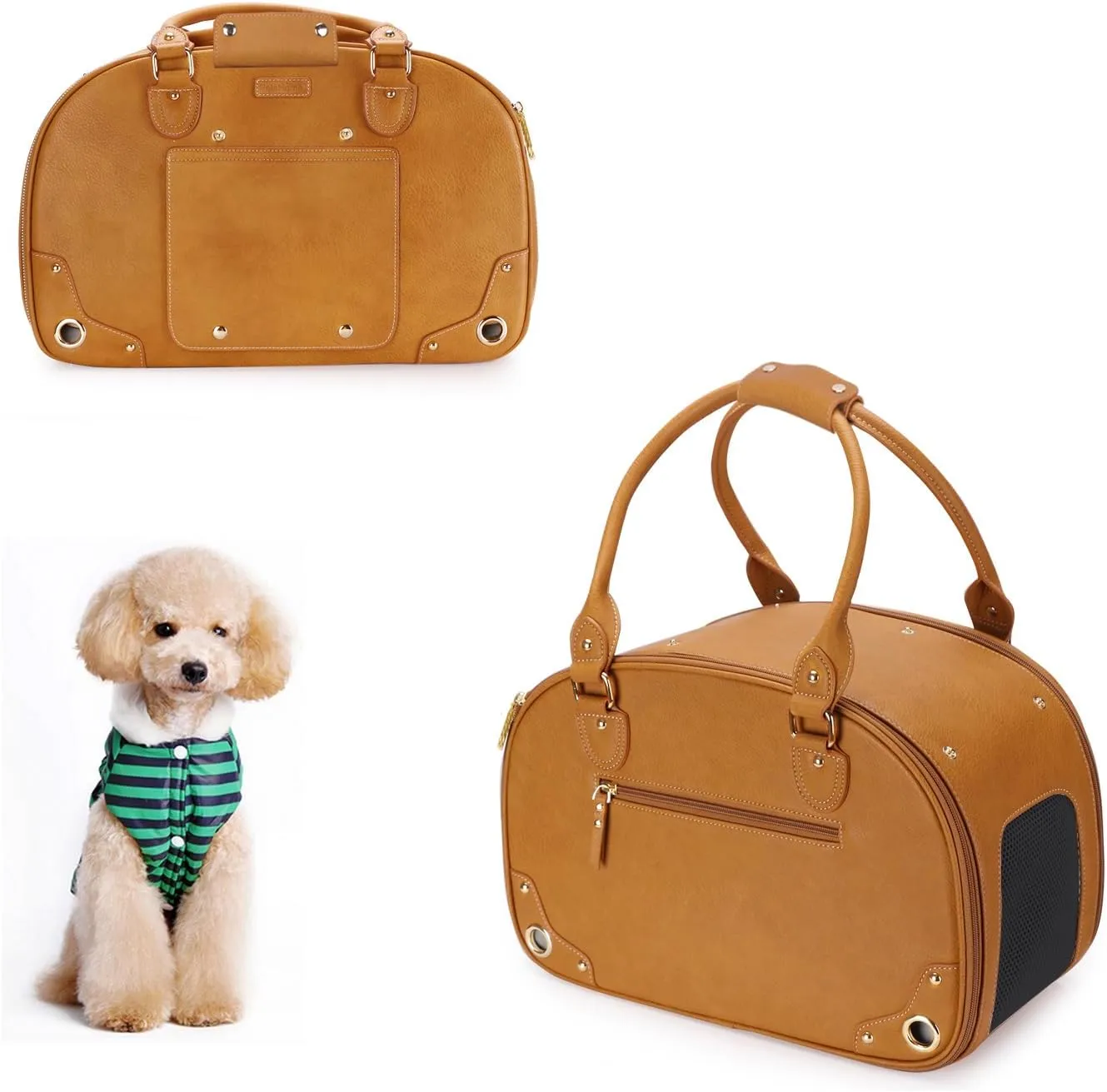 PetsHome Premium Leather Pet Carrier Purse for Cat and Small Dog - Waterproof Travel Portable Bag for Home & Outdoor Use - Small Brown