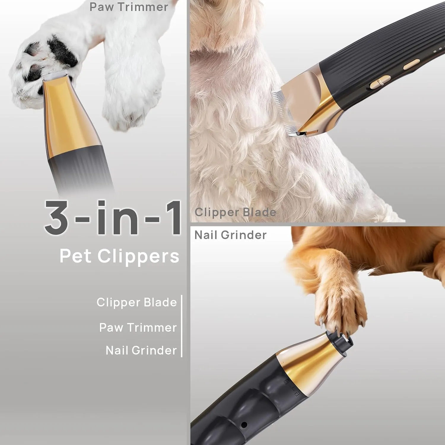 Professional Cordless Dog Grooming Clippers - Quiet Pet Hair Trimmer for Anxious Pets, Thick Coats & Small Dogs | Pet Grooming Kit with 4 Combs & Nail Grinder | 11-Piece Pet Hair Removal Tool (Black)