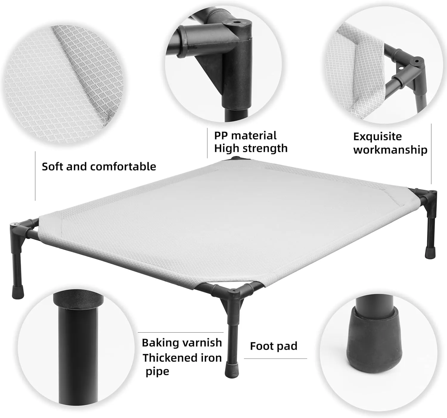 Soft Mesh Elevated Pet Bed for Large Medium Dogs Outdoor Resting Cot with Water-Resistant, Air-Permeable, Cooling and Anti-Skid Portable Dog Bed, Up to 80 lbs,33.3" L x 25.2" W x 6.9" H, Gray