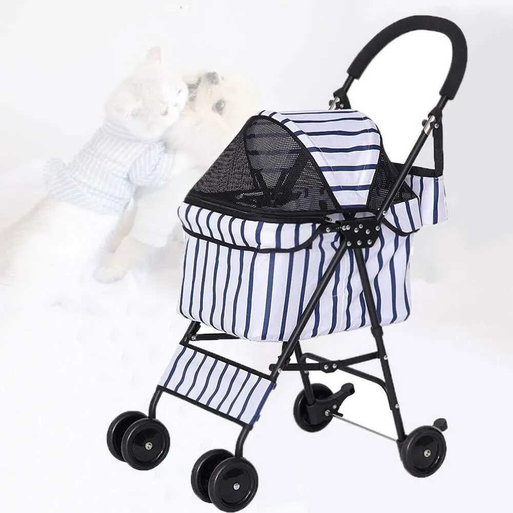 Stripe Pet Stroller, Lightweight 4-Wheel Dog & Cat Stroller for Travel, Compact Foldable Design with Storage Bags and Breathable Mesh