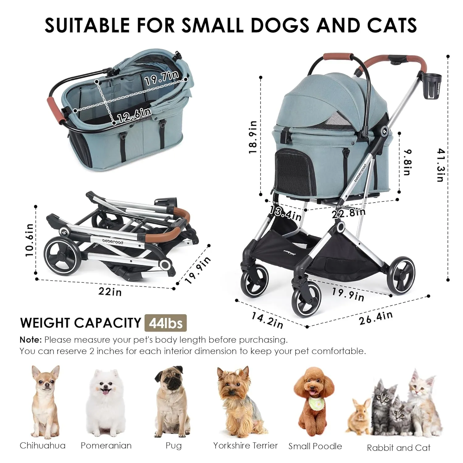 T3 Pro 3 in 1 Small Pet Stroller for Dog & Cats, 4 Wheels with Detachable Carrier with Pad, Canopy and Cup Holder, Green