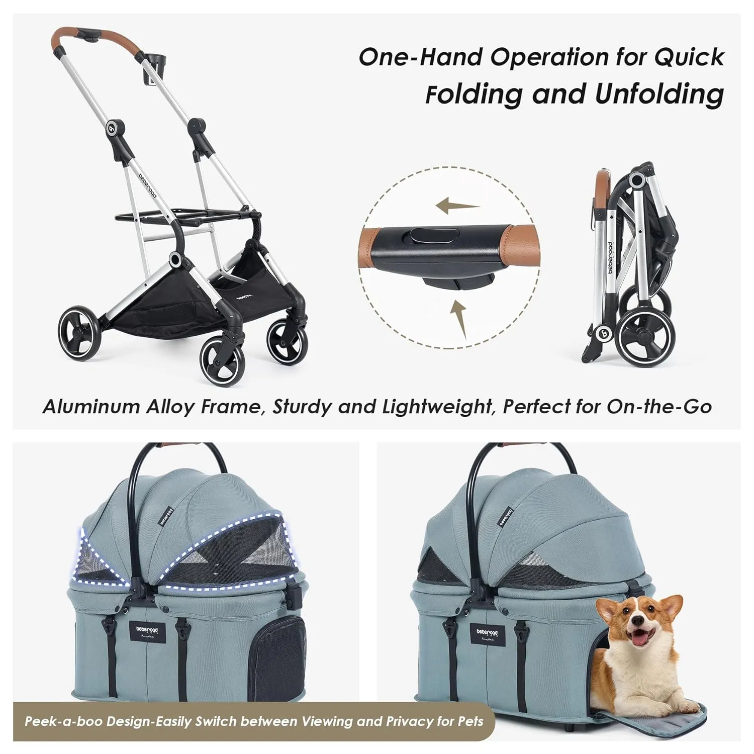 T3 Pro 3 in 1 Small Pet Stroller for Dog & Cats, 4 Wheels with Detachable Carrier with Pad, Canopy and Cup Holder, Green