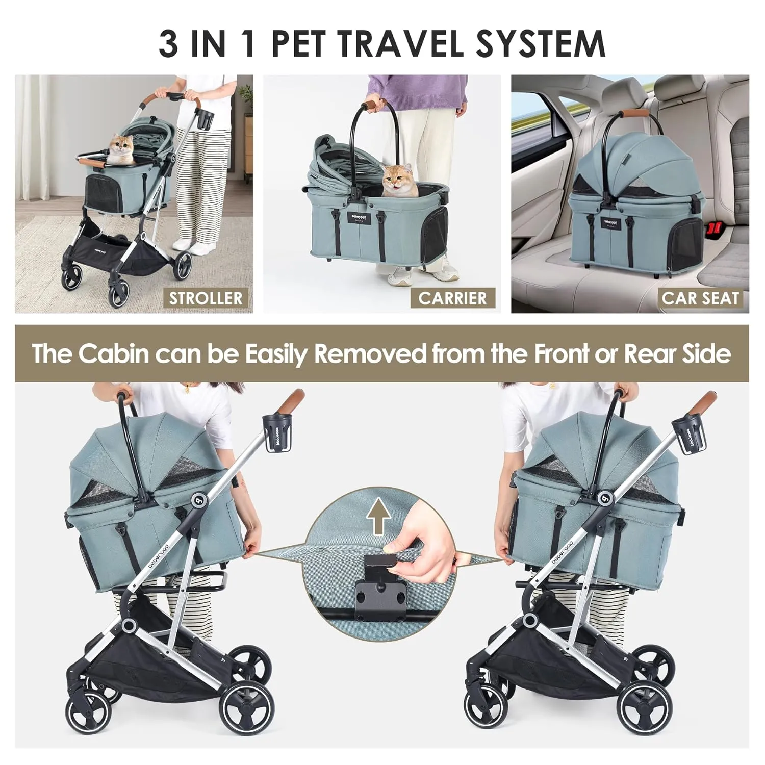 T3 Pro 3 in 1 Small Pet Stroller for Dog & Cats, 4 Wheels with Detachable Carrier with Pad, Canopy and Cup Holder, Green