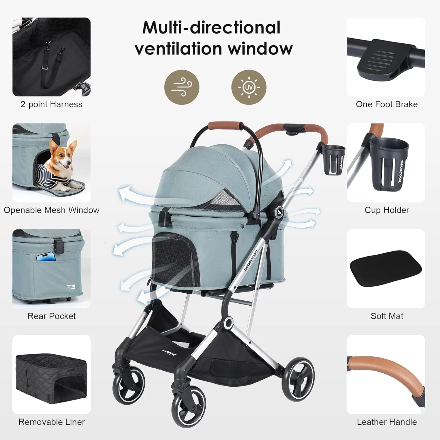 T3 Pro 3 in 1 Small Pet Stroller for Dog & Cats, 4 Wheels with Detachable Carrier with Pad, Canopy and Cup Holder, Green