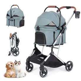 T3 Pro 3 in 1 Small Pet Stroller for Dog & Cats, 4 Wheels with Detachable Carrier with Pad, Canopy and Cup Holder, Green