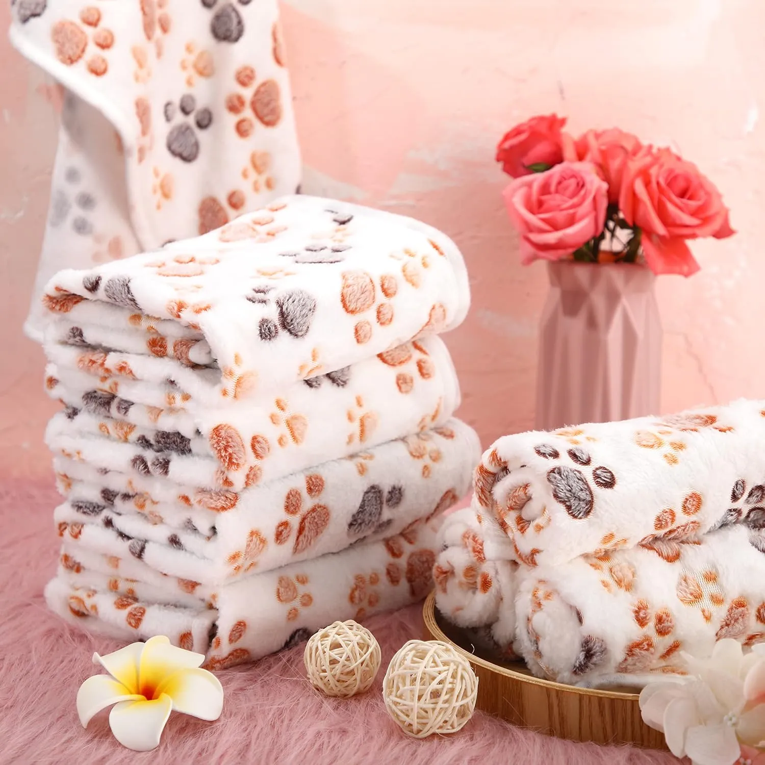 Tegeme 8 Pcs Fleece Dog Blankets for Small Dogs Cat Soft Coral Velvet Warm Sleep Mat Fluffy Dog Paw Print Blanket for Kitten Doggy Small Animal(24 x 16 Inch,White)