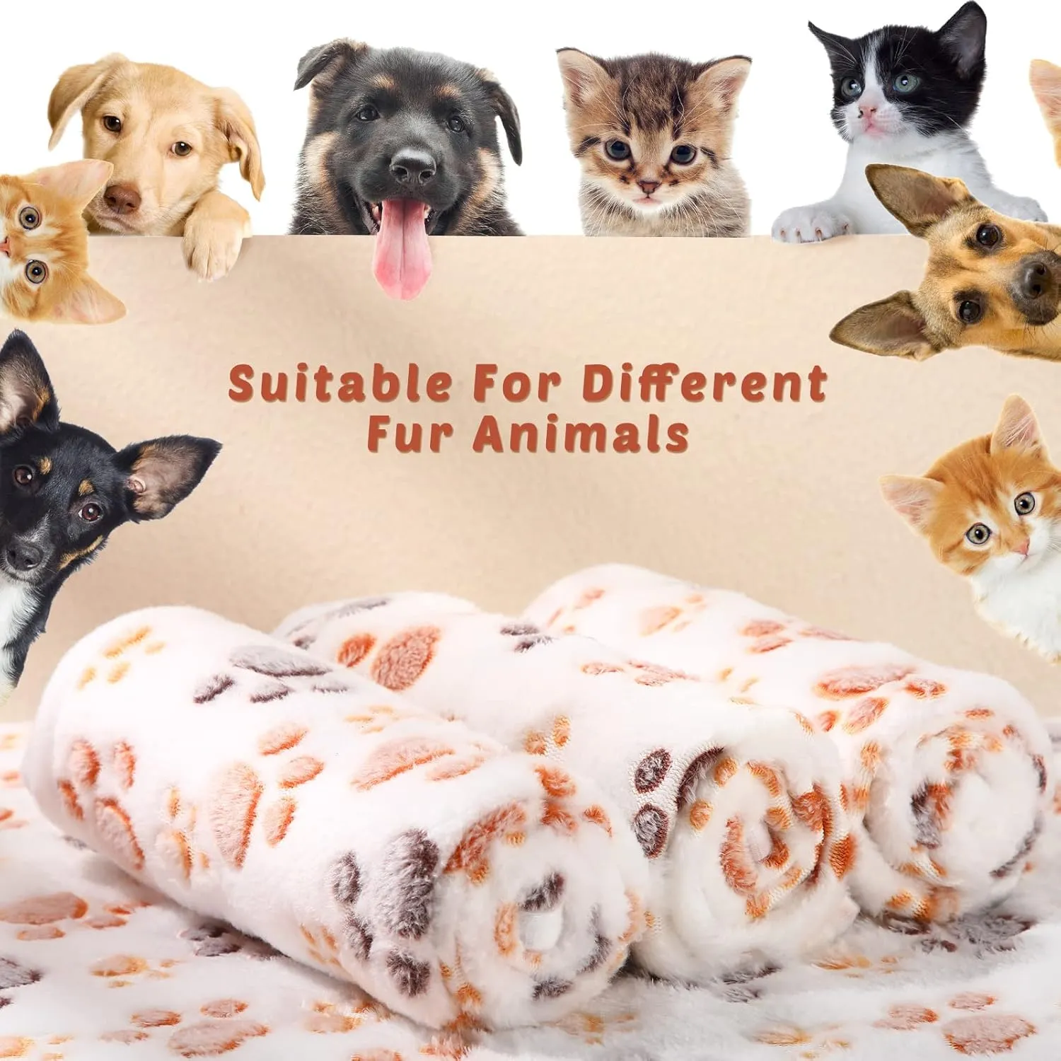 Tegeme 8 Pcs Fleece Dog Blankets for Small Dogs Cat Soft Coral Velvet Warm Sleep Mat Fluffy Dog Paw Print Blanket for Kitten Doggy Small Animal(24 x 16 Inch,White)