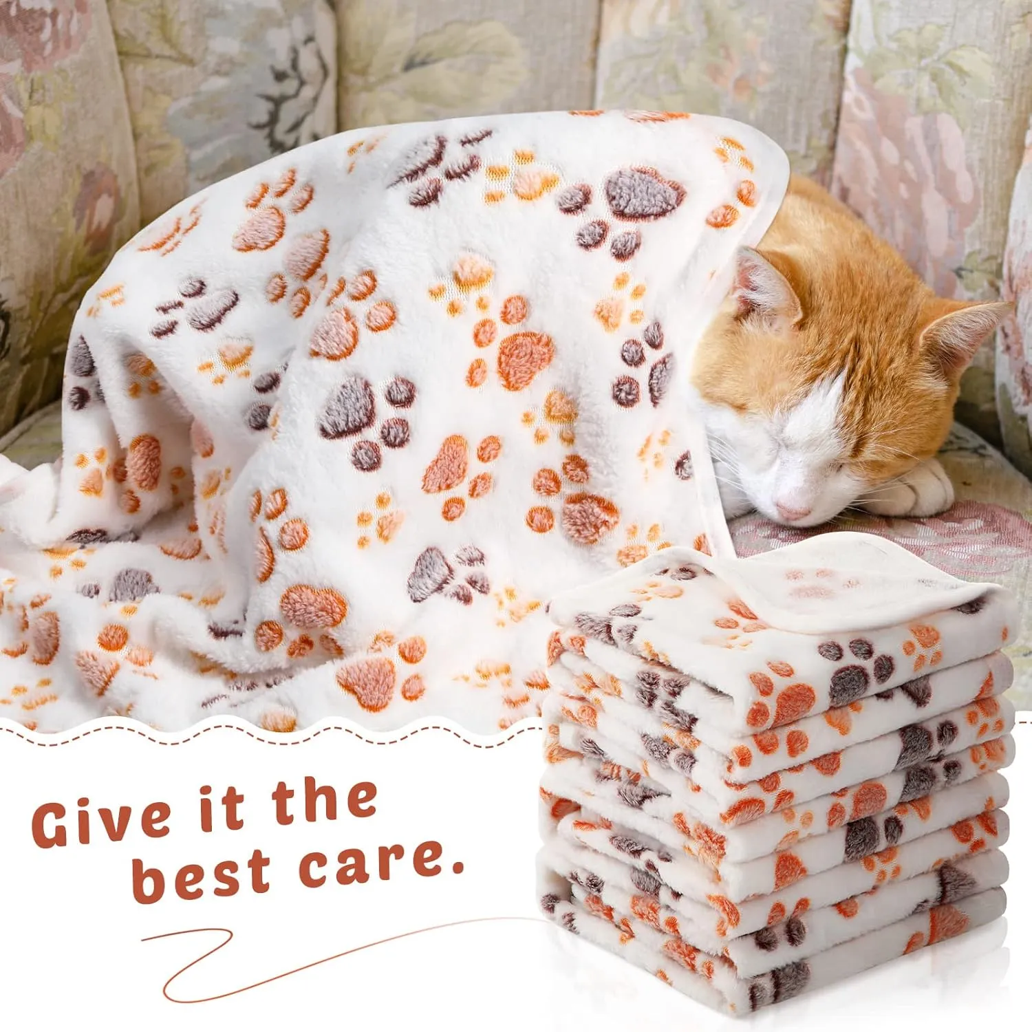 Tegeme 8 Pcs Fleece Dog Blankets for Small Dogs Cat Soft Coral Velvet Warm Sleep Mat Fluffy Dog Paw Print Blanket for Kitten Doggy Small Animal(24 x 16 Inch,White)