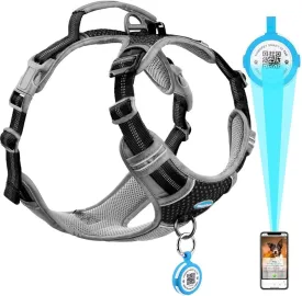 ThinkPet No Pull Harness for Small, Medium, Large Dogs with Airtags Holder Reflective Dog Harnesses with Dog QR Code Smart ID Tag Airtags Holder Harness Back/Front Clip for Easy Control Star Black M